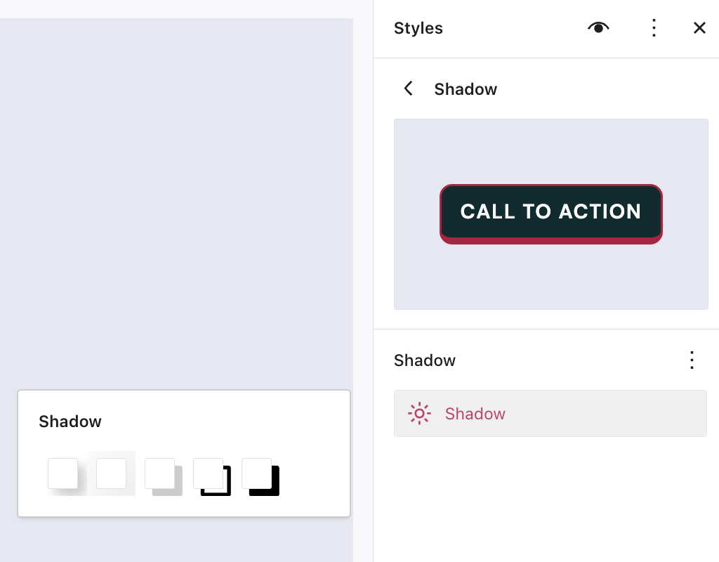 Screenshot of the Shadow option for Button Blocks. 