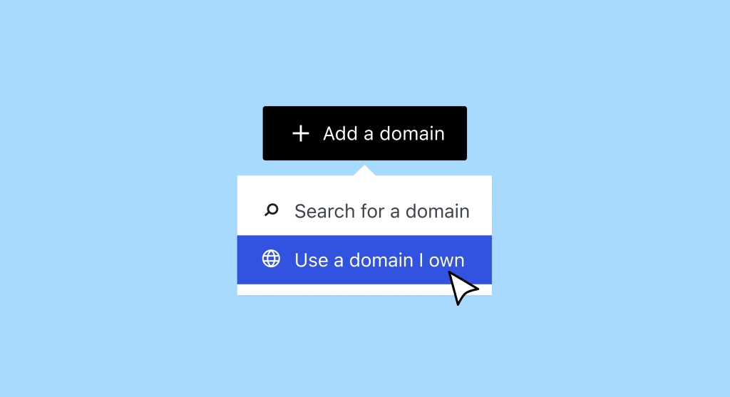 Large pointer symbol pointing to a website button that says "Use a domain I own." 