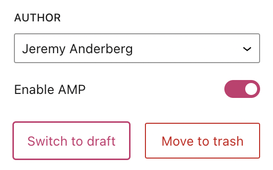 "Switch to draft" button shown next to the "Move to trash" button on the right sidebar of the WordPress Gutenberg editor. 