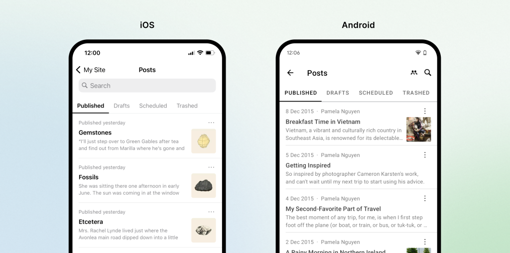 Screenshot of new "Posts" screen on iOS and Android Jetpack apps. 