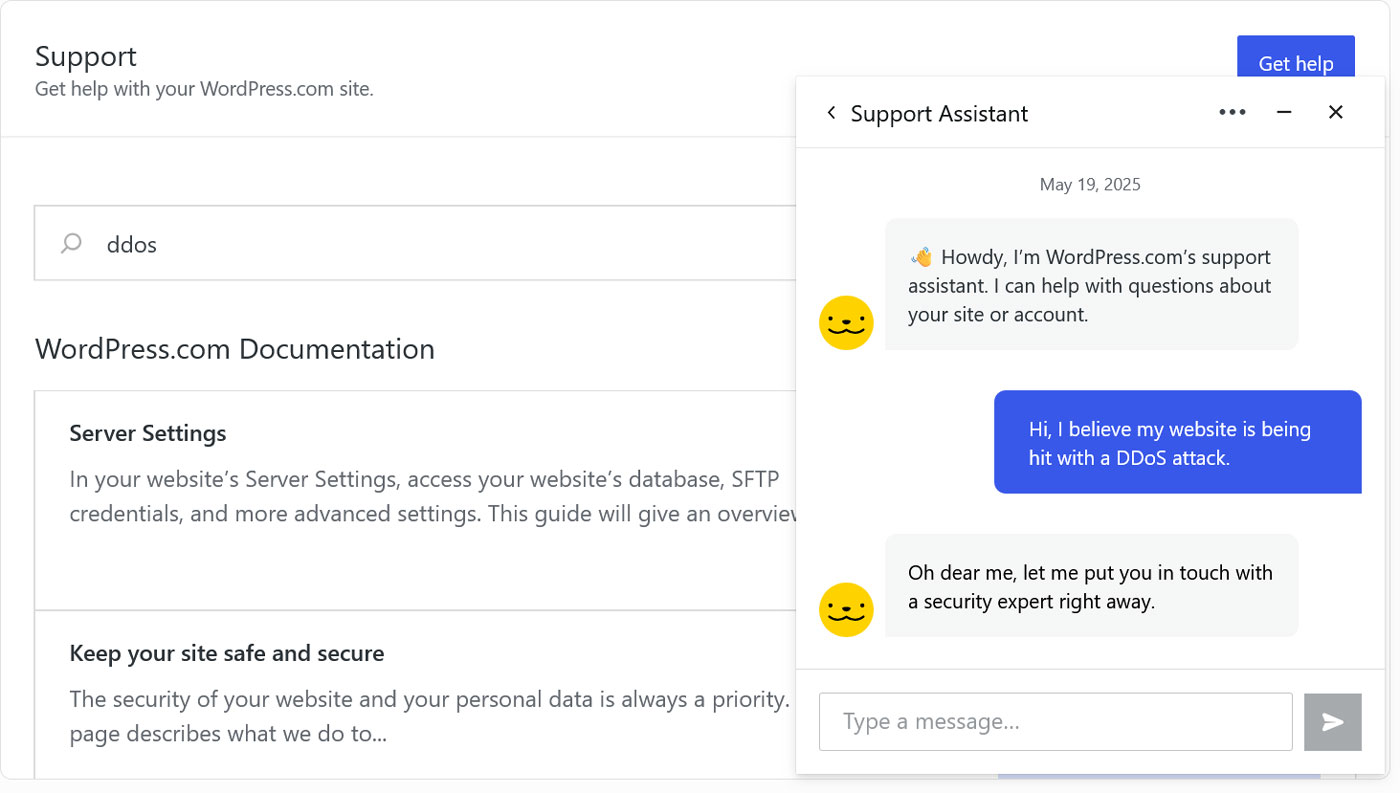 Example chat with WordPress.com support.